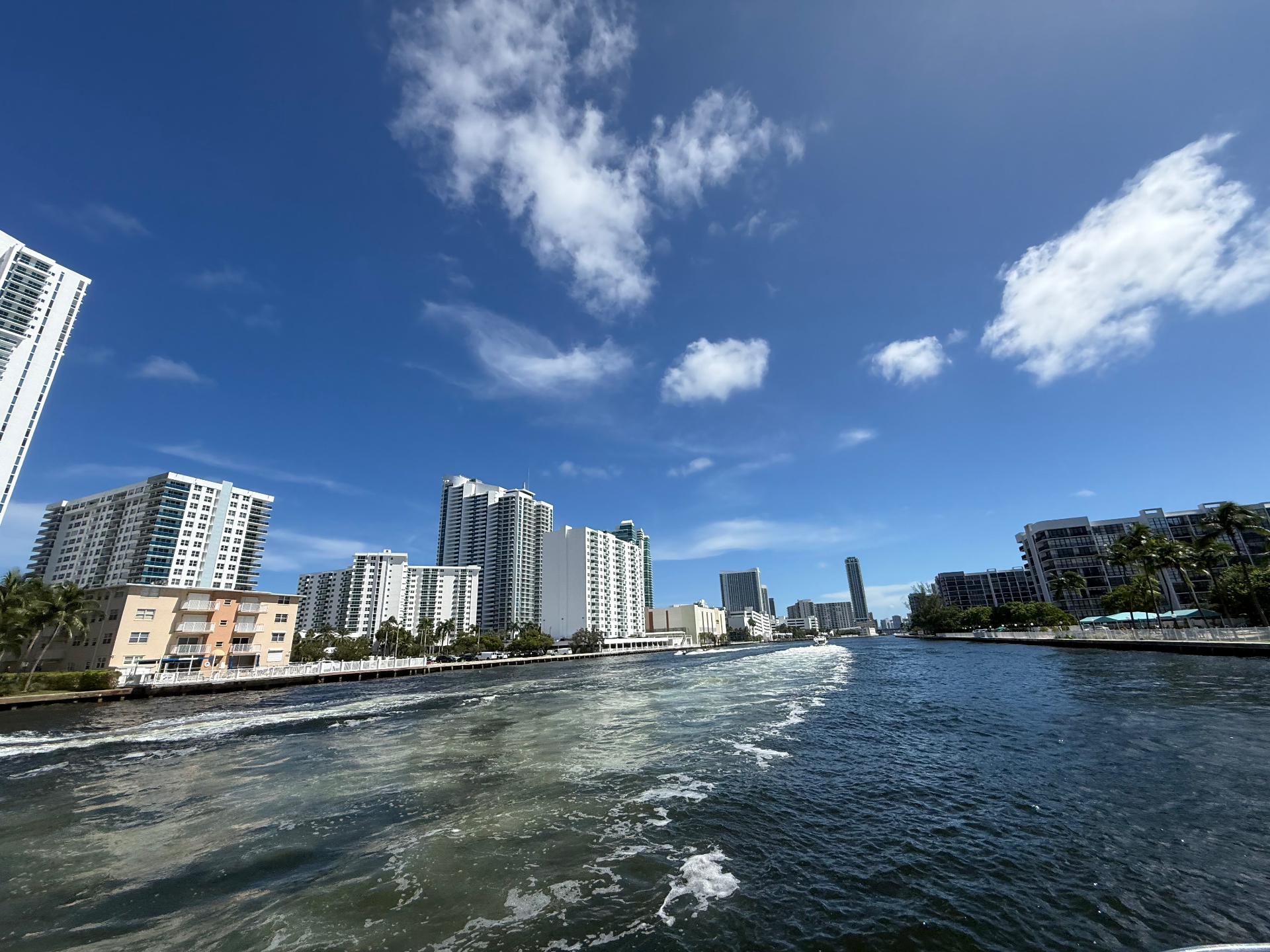 Wide view of the Intracoastal Waterway lined with Hollywood, Florida high-rise condominiums