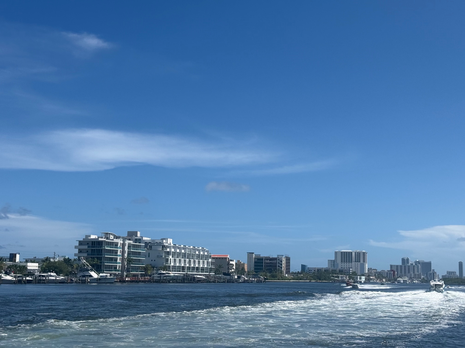 Hollywood, Florida waterfront skyline and marina viewed from the water