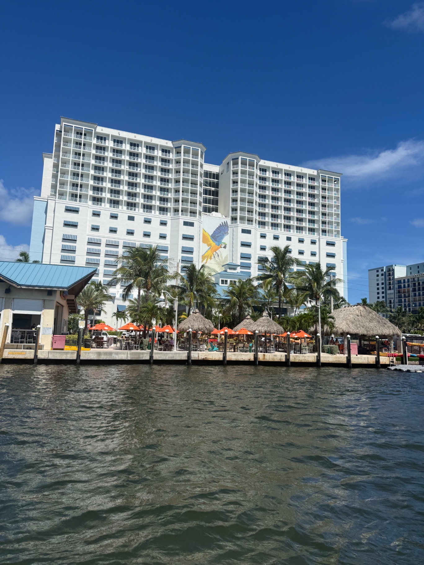 Margaritaville Hollywood Beach Resort with tiki huts and palm trees along the Intracoastal Waterway